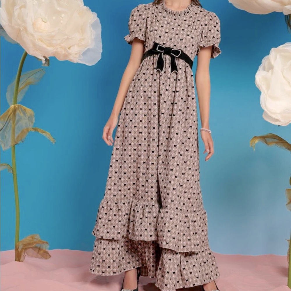 NWT Sister Jane Estella Bow Print Maxi Dress, Ruffle Detail, Coquette, Size M